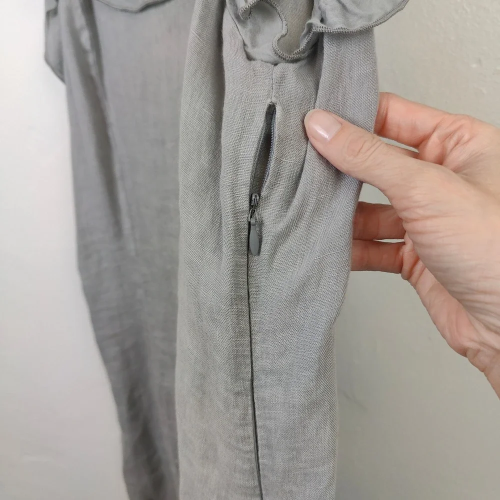 120%‎ Lino Womens Dress 46 Grey Ruffle Trim Linen Silk Blend Coastal Lagenlook
